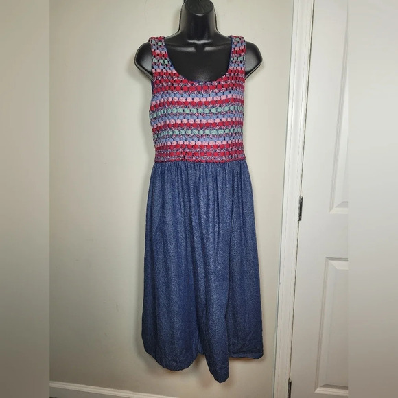 Handmade Geometric Lined Cottage Core Chambray Dress sz M/L - Picture 1 of 7
